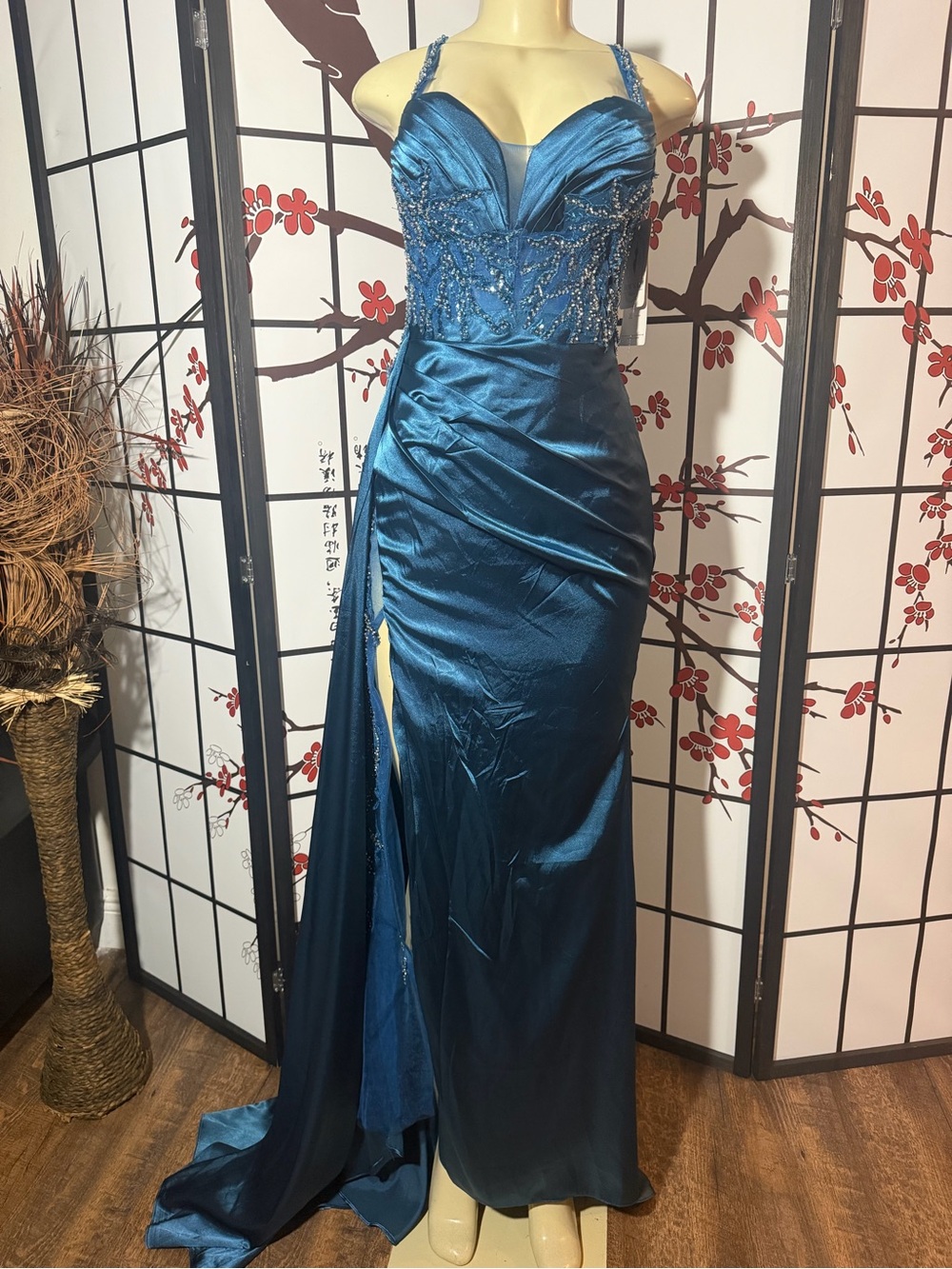 Beaded Satin Prom Gown in Teal Blue with Side Slit